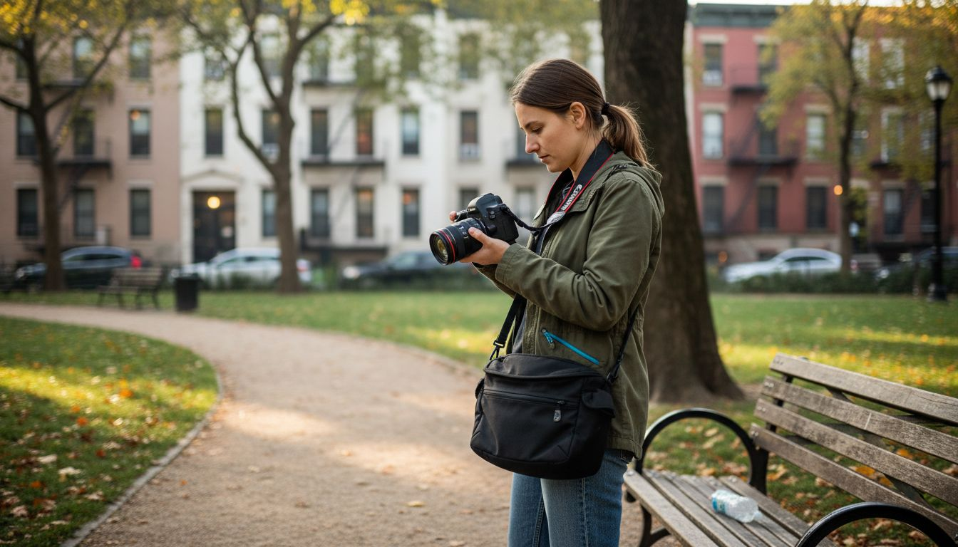 Beginner adjusting camera settings in city park