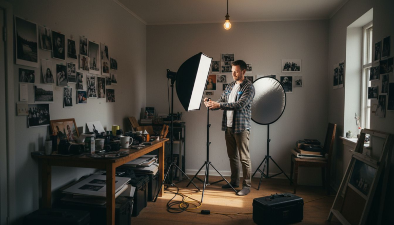 Photographer arranging studio lights in workspace