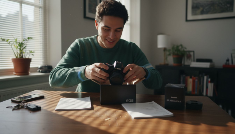 Young beginner unboxing new mirrorless camera