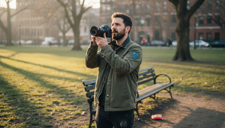 Photographer assessing outdoor photo composition
