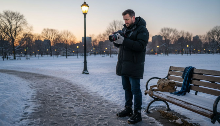 Photographer reviewing photo in snowy park at dusk
