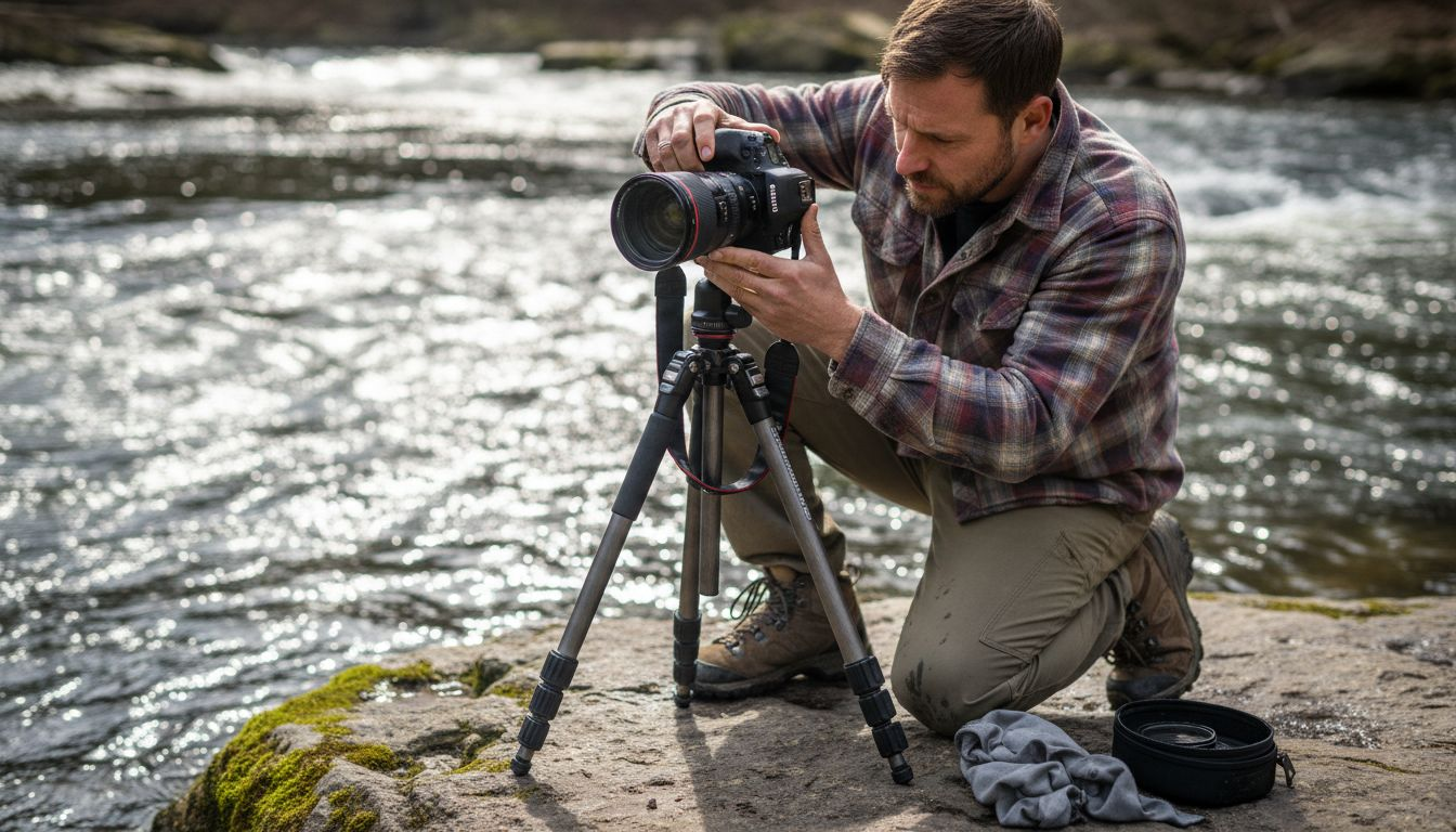 Photographer attaching ND filter by river bank