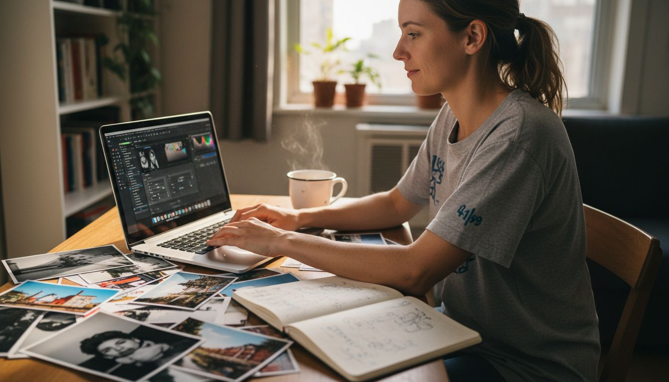 Beginner editing photos with various styles at desk