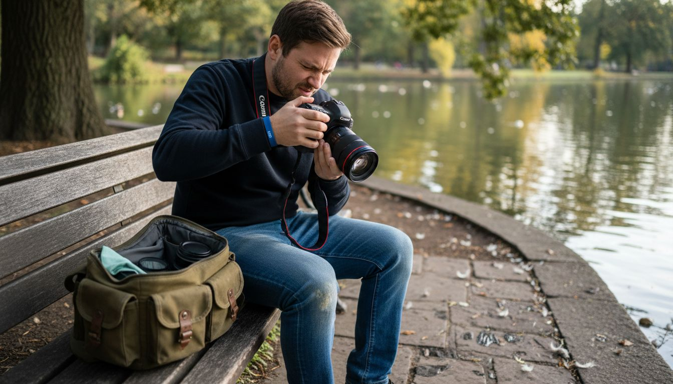 Photographer testing camera by city pond