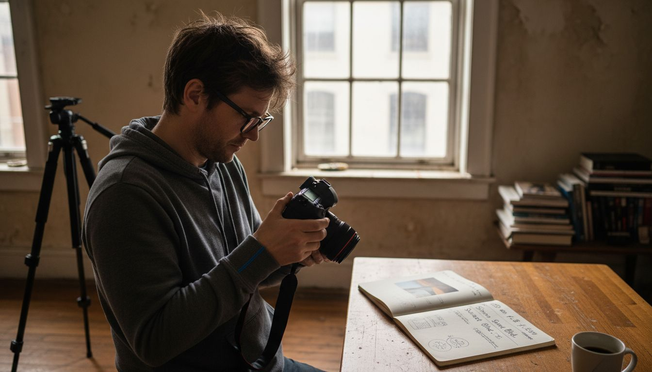 Photographer reviews camera histogram near window