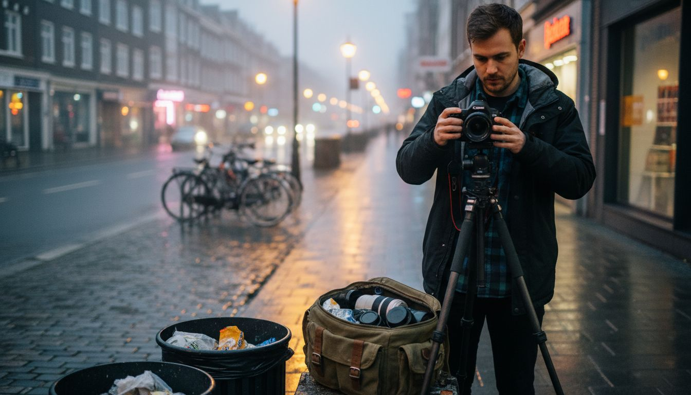 Photographer adjusting camera at night street