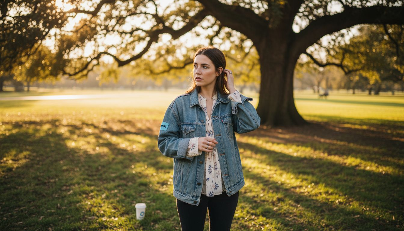 Woman in park during golden hour sunlight