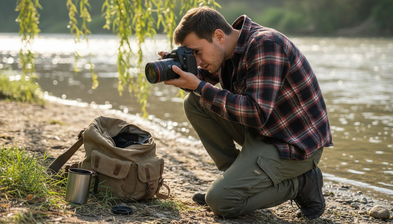 Photographer adjusting ISO near riverbank