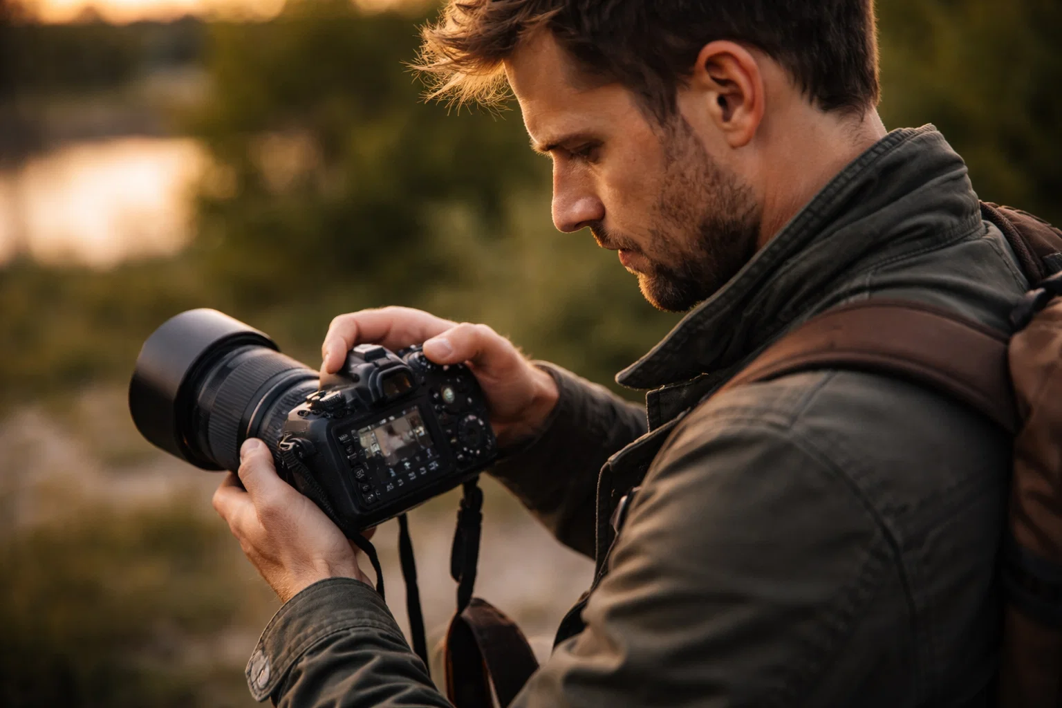 A photographer experimenting with camera settings