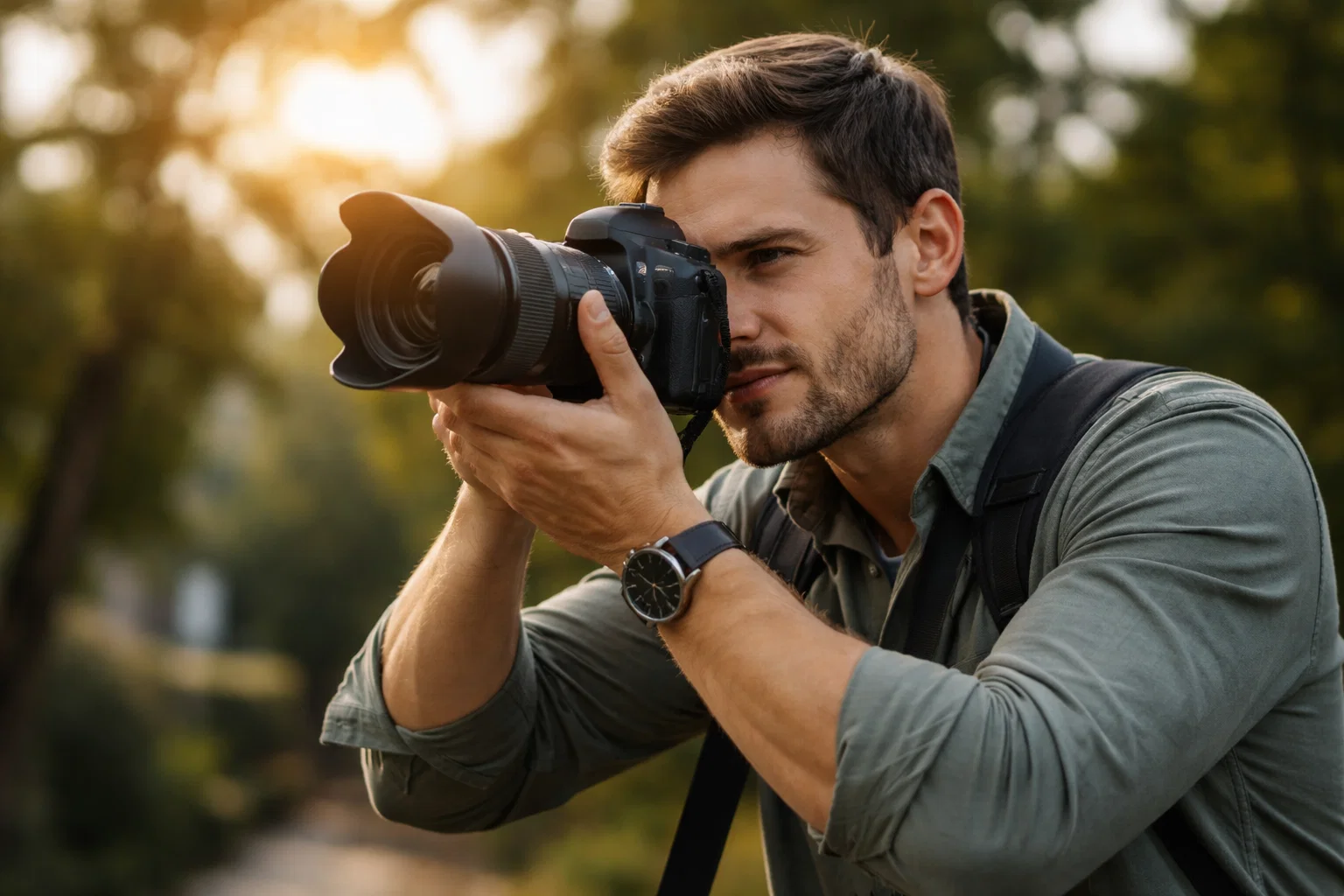 A photographer taking a photo outside
