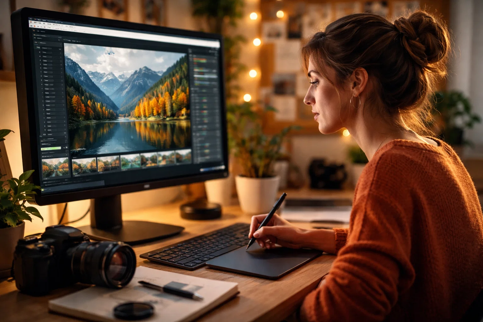 A female photographer trying to edit photos for social media at home