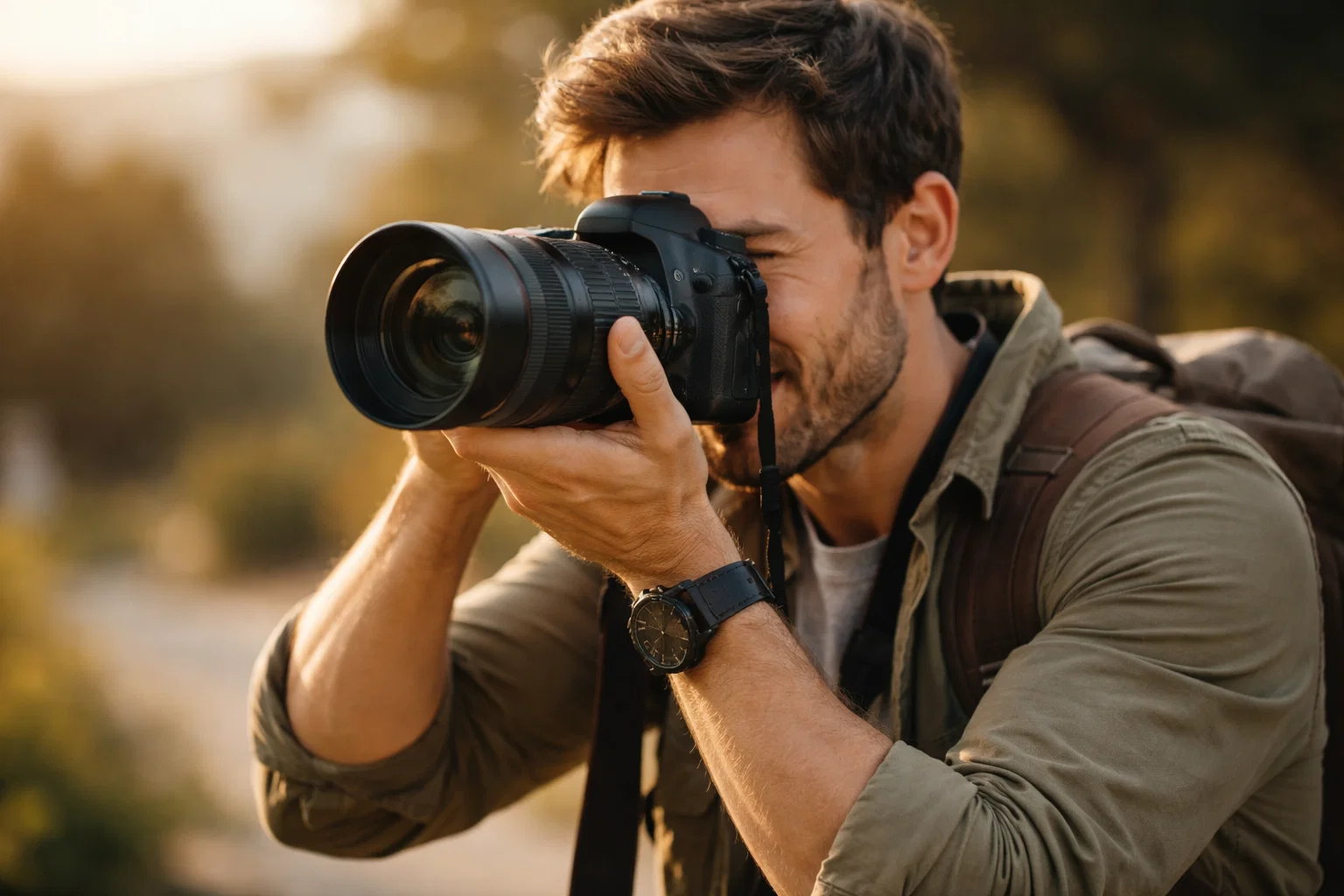 A photographer taking a photo outside