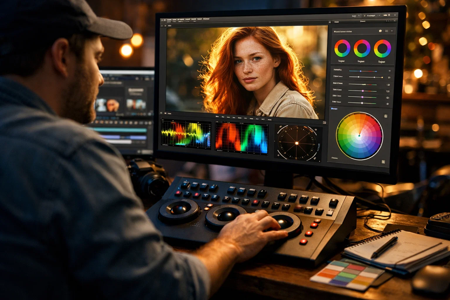 A photographer colour grading a photo