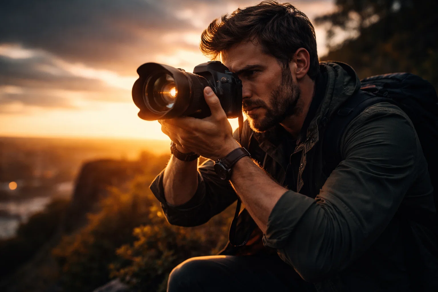 A cinematic image of a photographer taking a photo