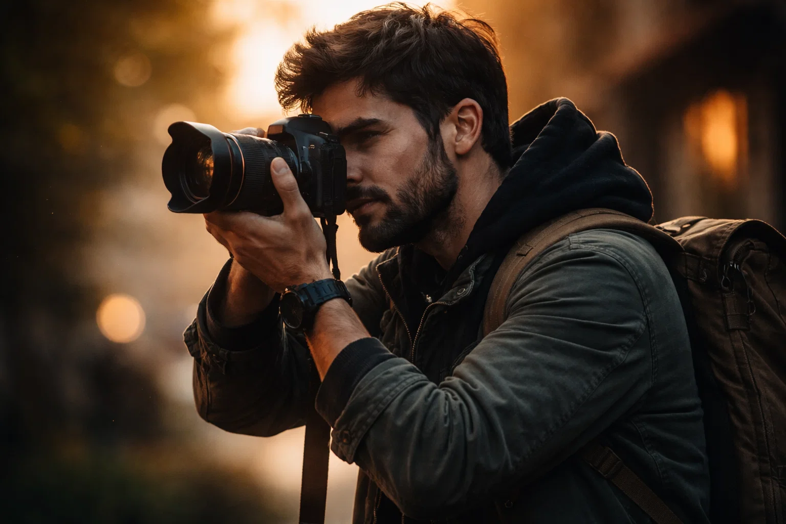 A cinematic image of a photographer taking a photo