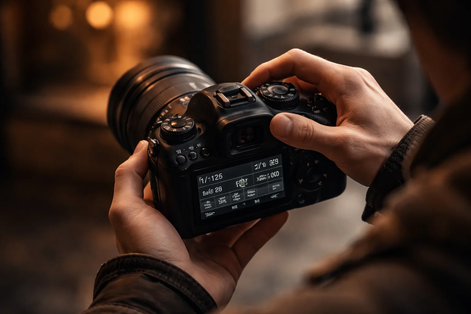 A photographer changing beginner camera settings on their camera