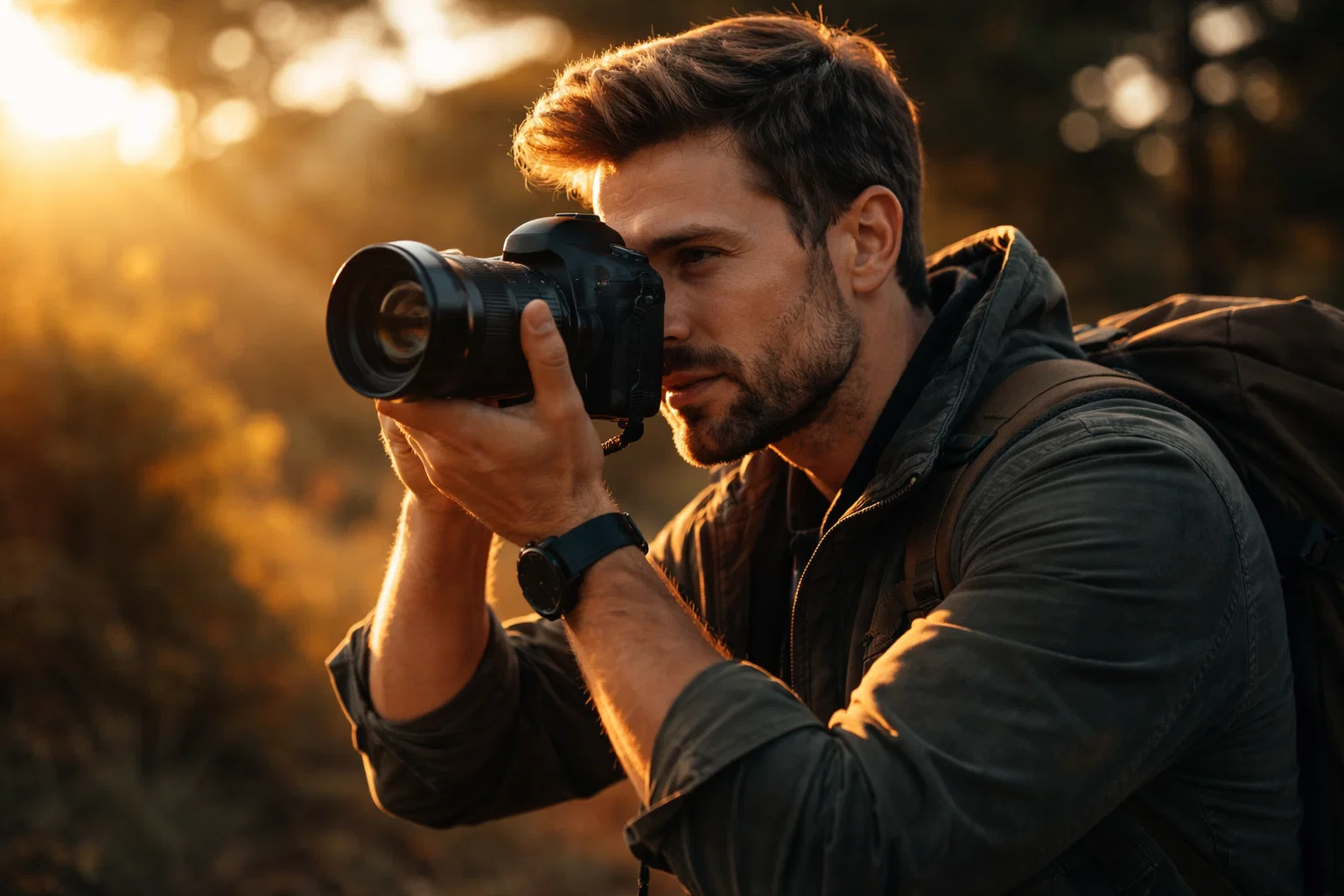A cinematic image of a photographer taking a photo outside with a sunset in the background