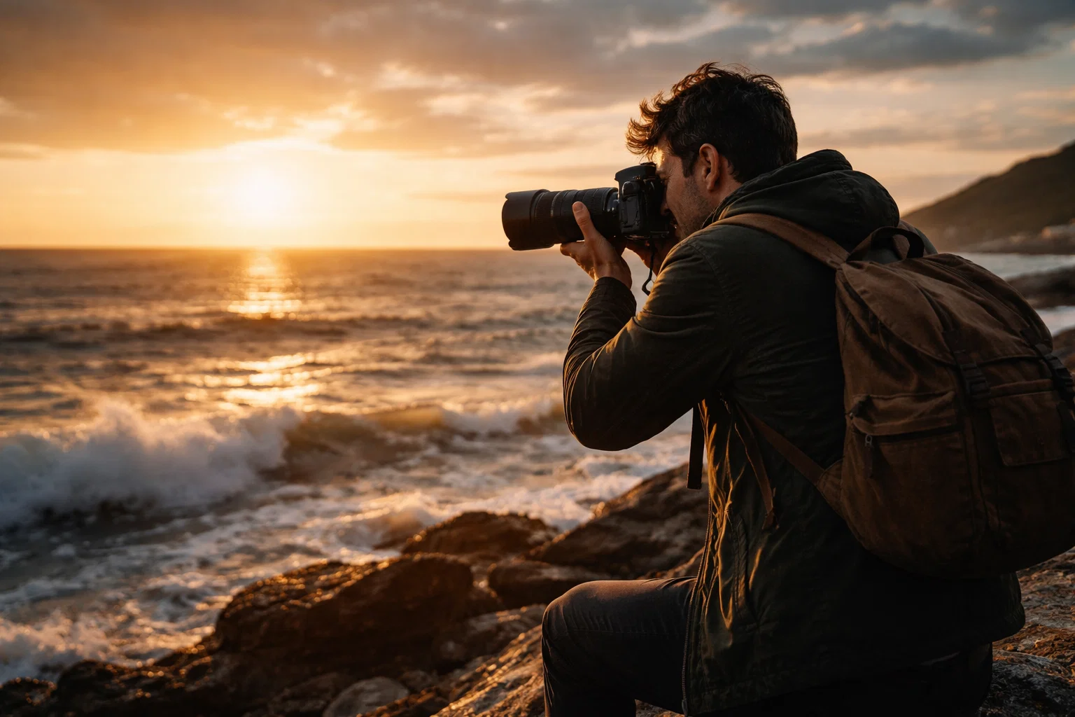 A cinematic image of a photographer taking a photo by the sea side 