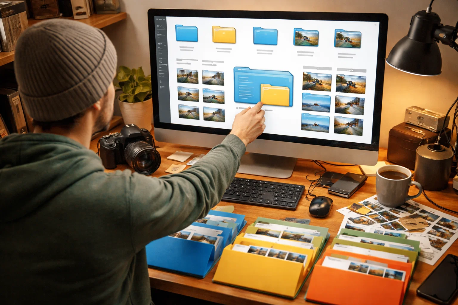 A photographer conducting photo organization on their laptop