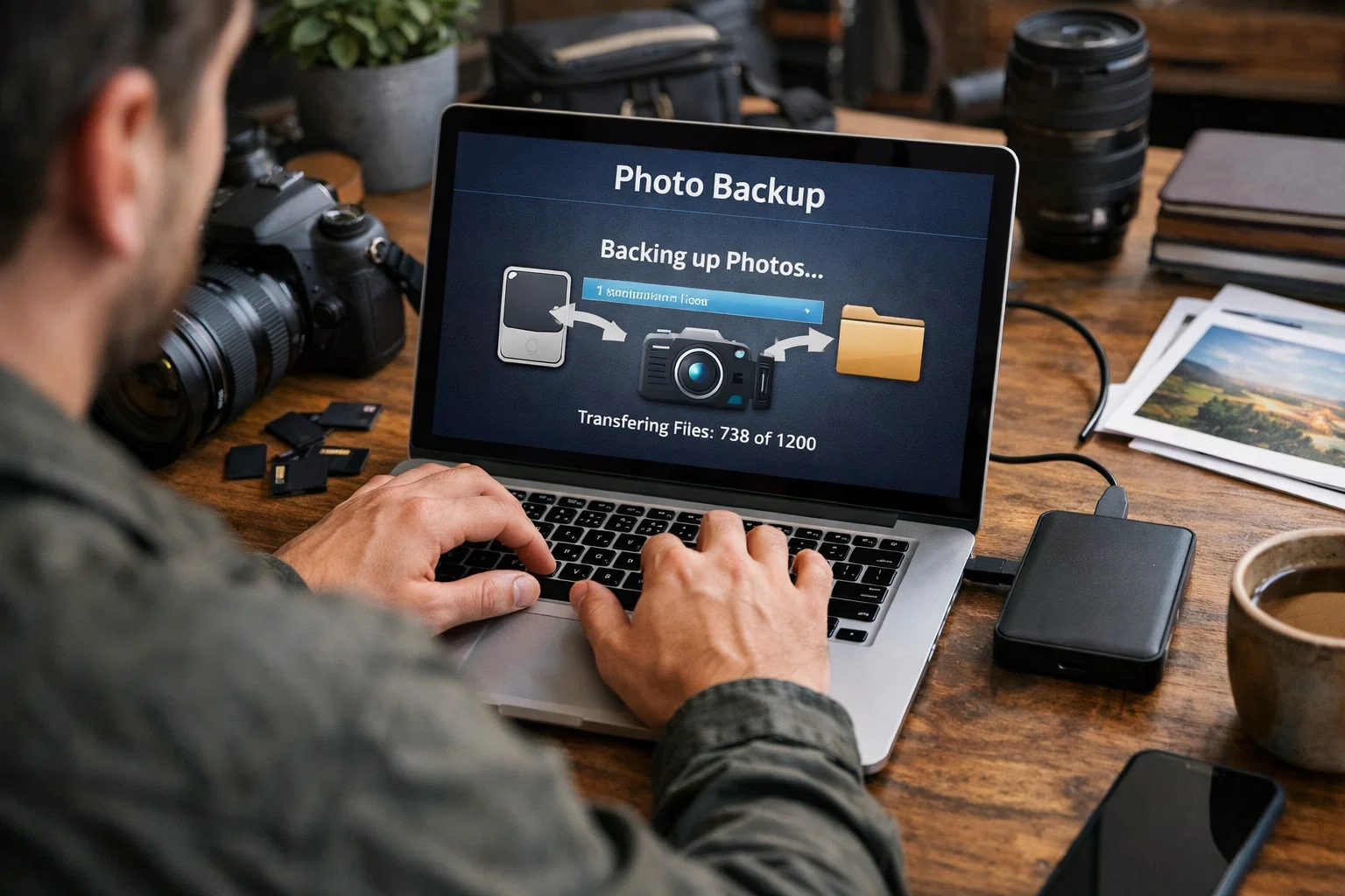 A photographer backing up photos on their laptop