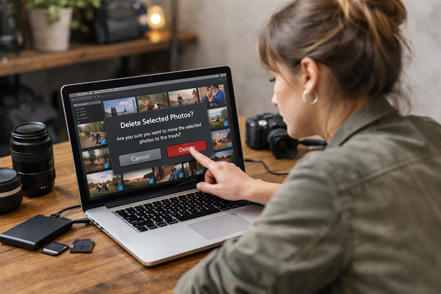 a photographer deleting unneeded photos on their laptop