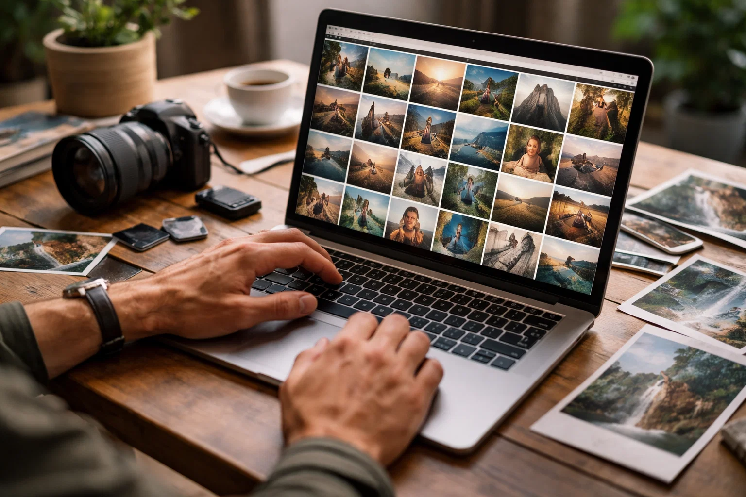 A photographer browsing their photos on their laptop
