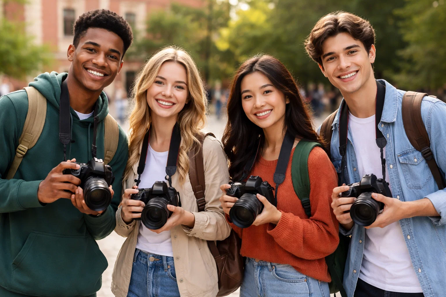A group of student photographers holding beginner cameras