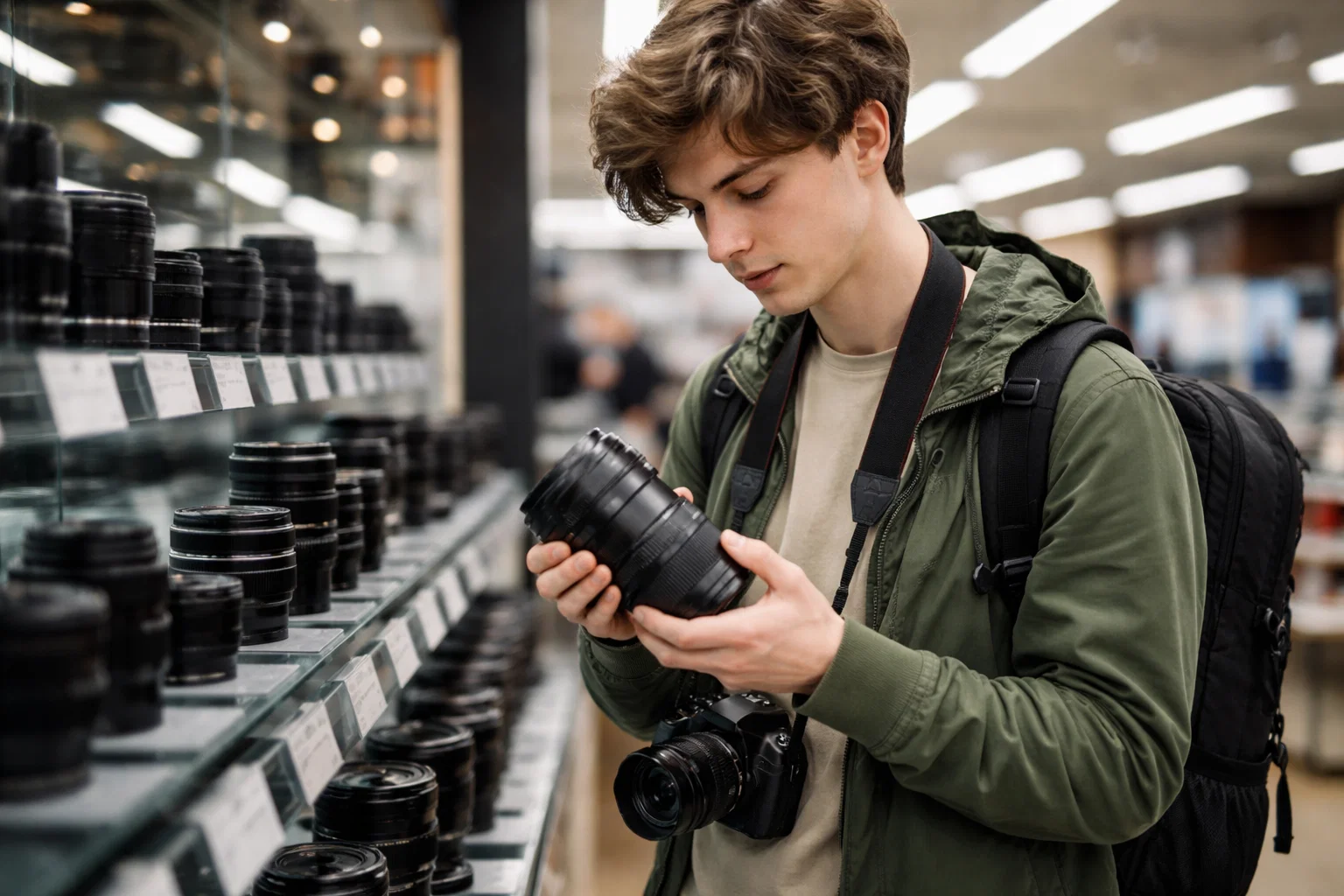 A student photographer browsing camera lenses in a store 