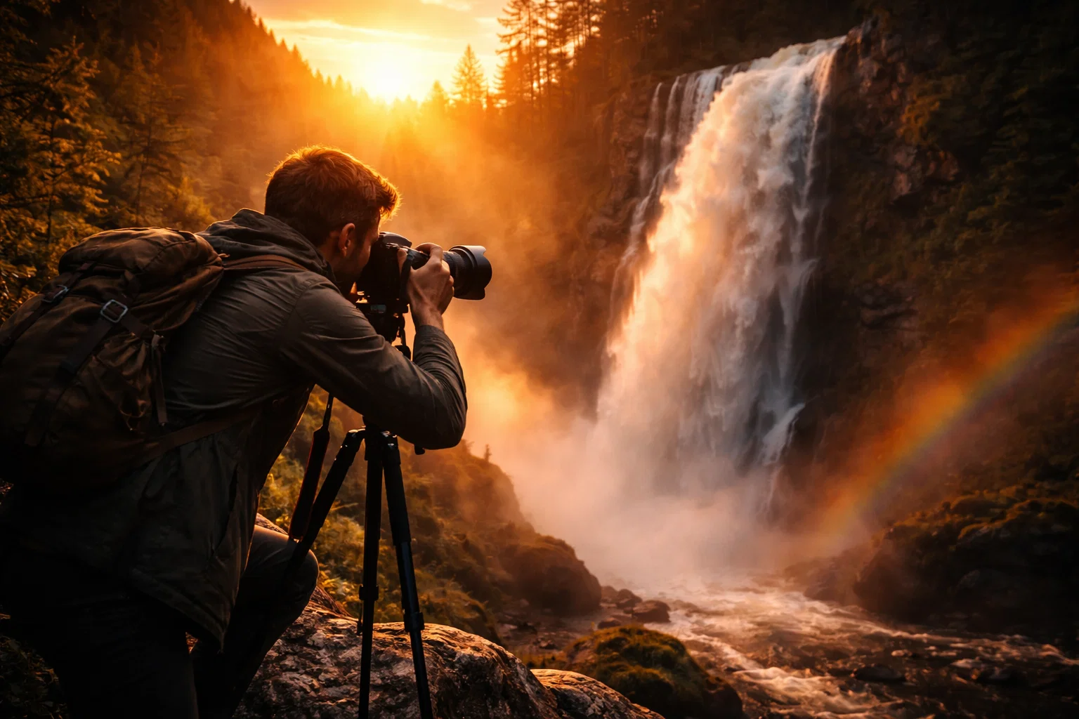 A cinematic image of a photographer taking a photo at sunset by a waterfall 