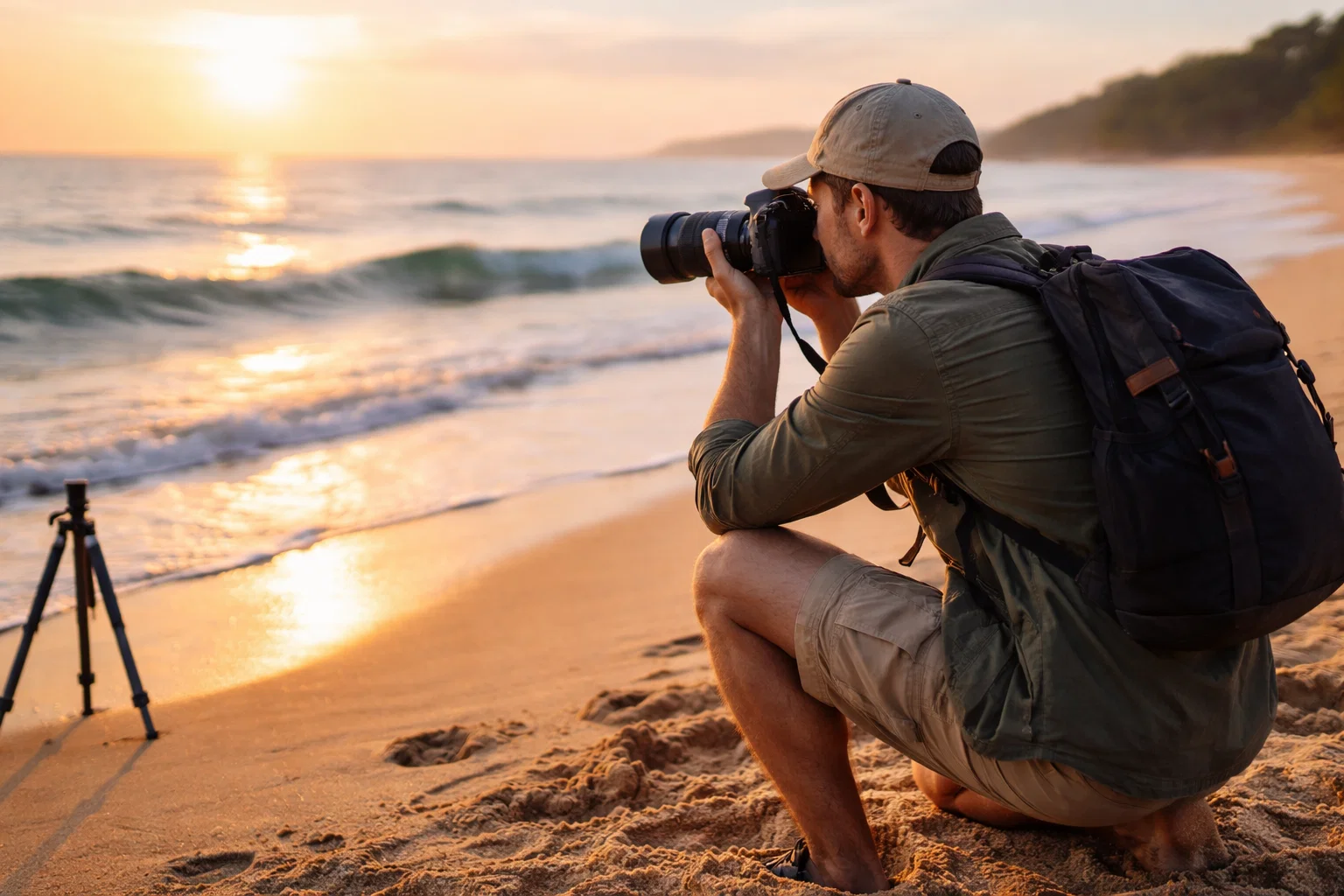A photographer taking a photo by the beach 