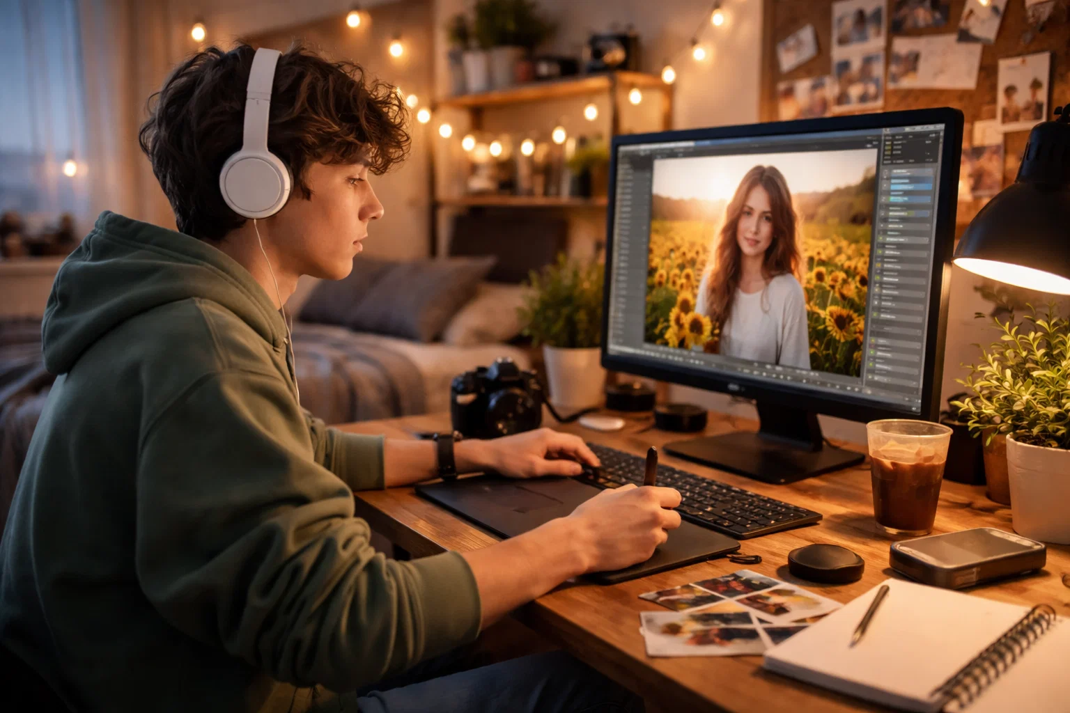 A teenage photographer editing photos at home