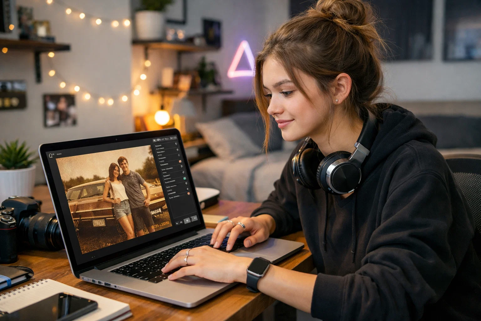 A teenage female photographer using photo editing styles to make a photo look more retro