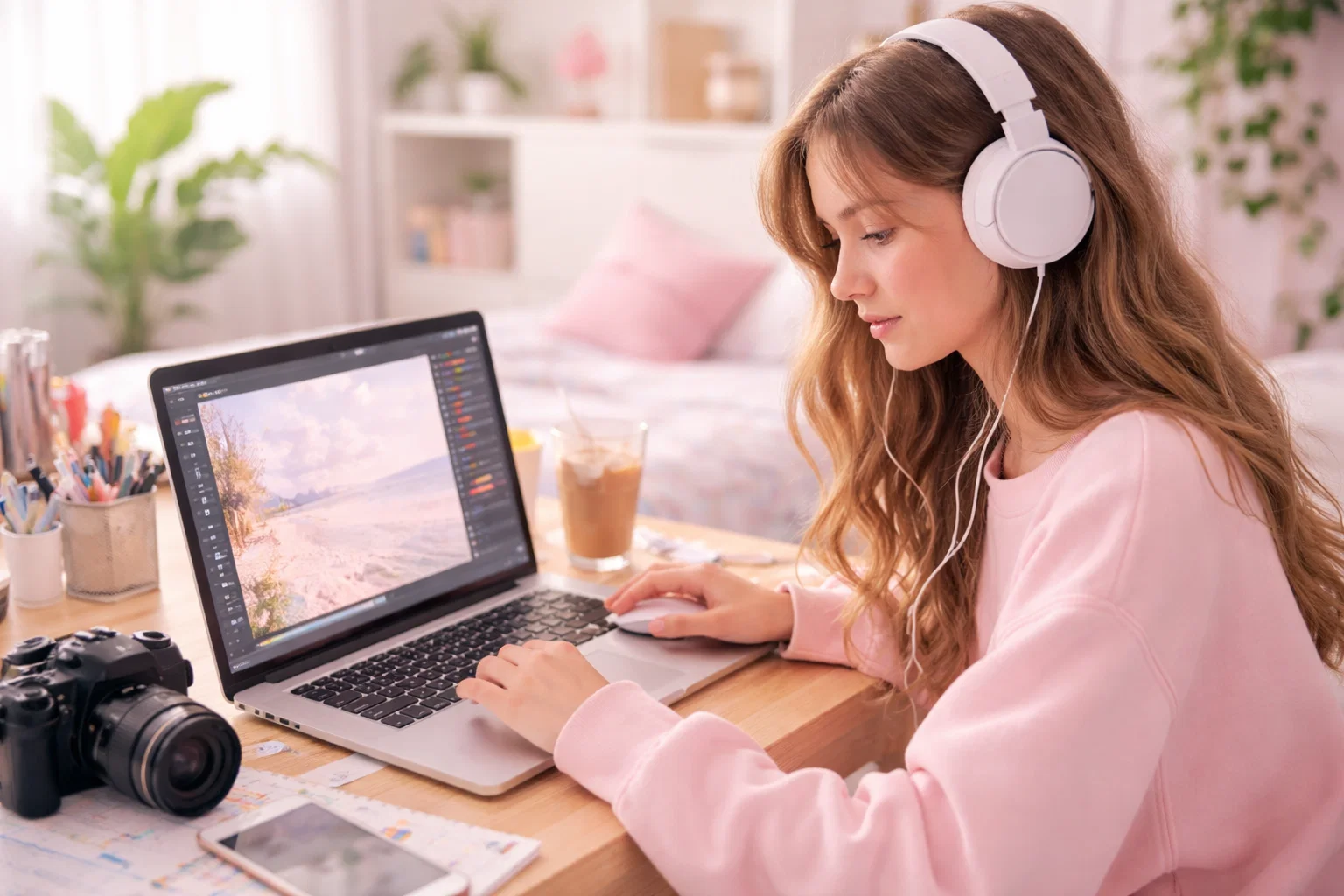 A teenage photographer editing photos at home, making the photo on her laptop have a  Soft and Dreamy Pastel Look