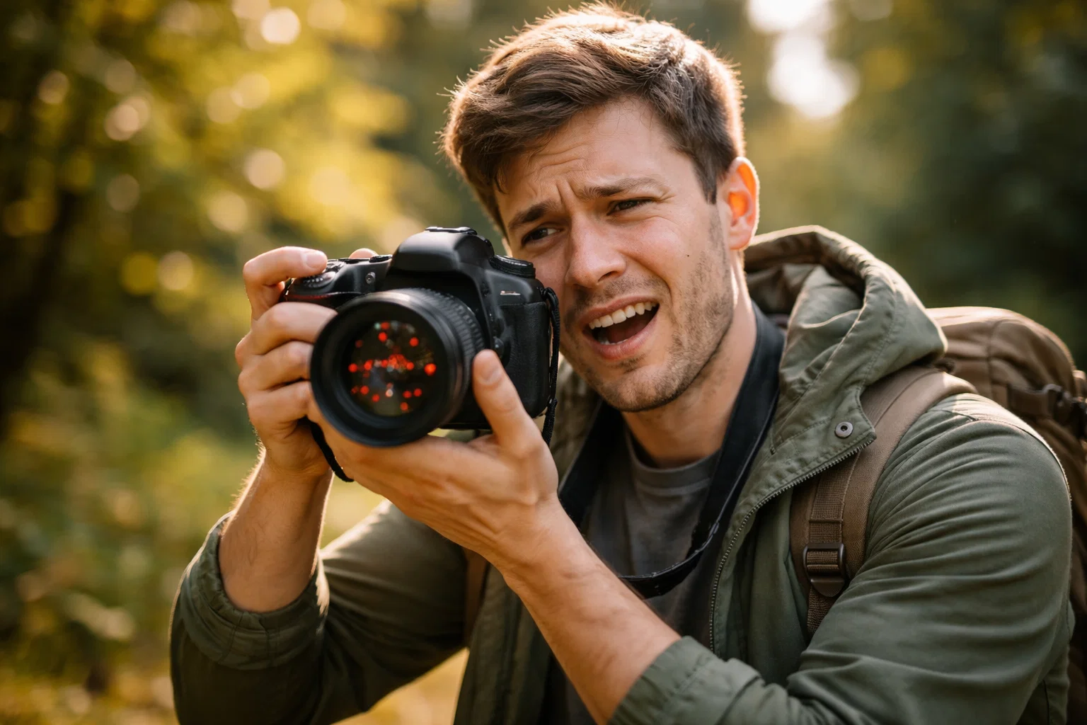 A beginner photographer making photography mistakes by relying on auto focus when they should use manual controls