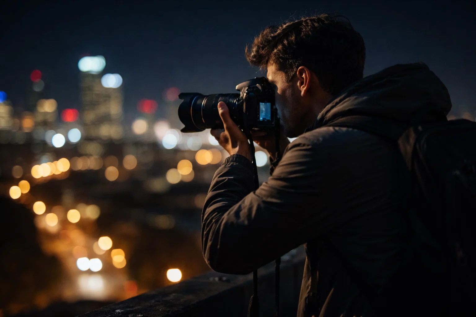 A photographer taking a photo at night