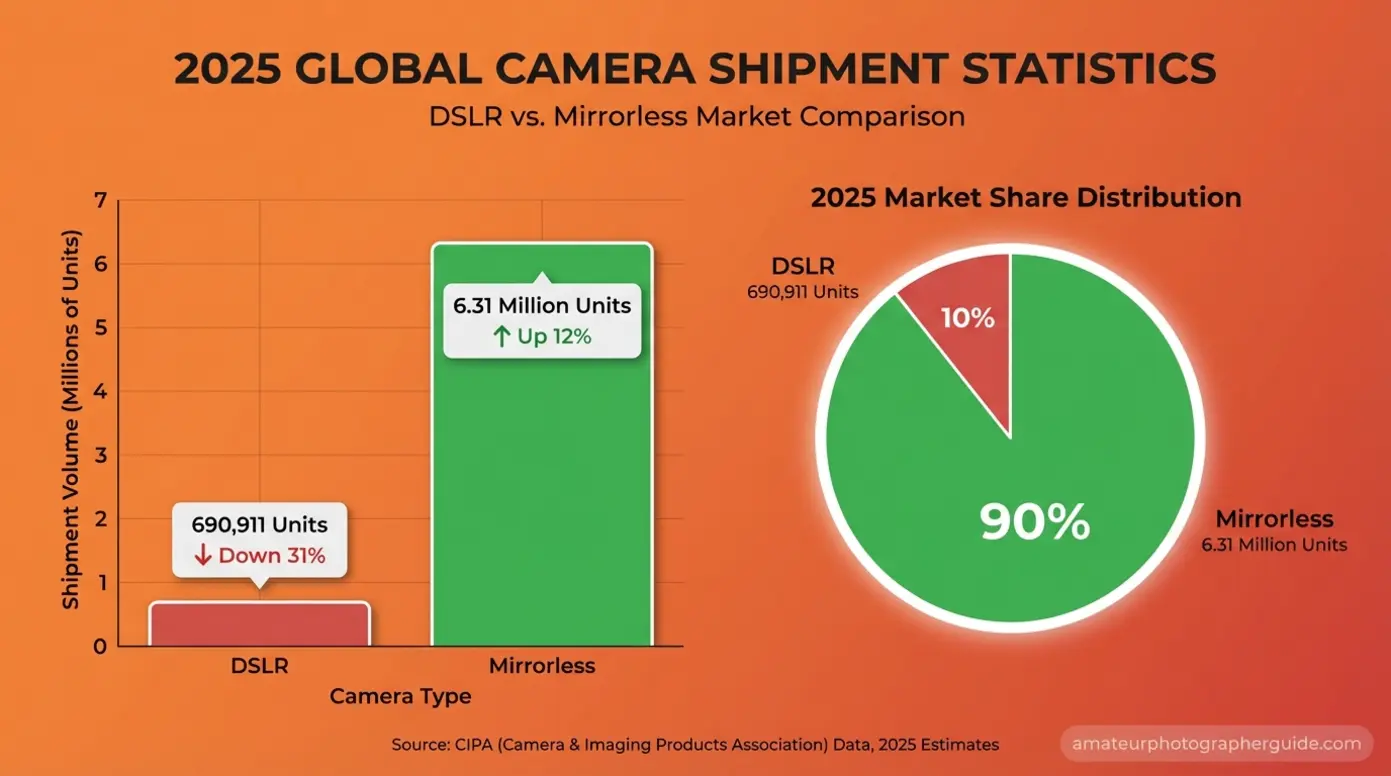 2026 camera market data showing mirrorless shipments at 6.31 million units versus DSLR 690,911 units