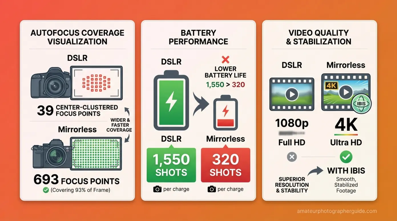 Performance comparison showing autofocus coverage, battery life, and video capabilities between DSLR and mirrorless cameras