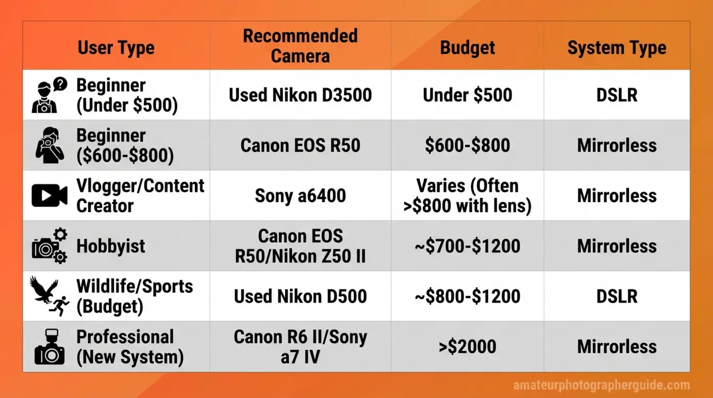 Camera buying recommendation matrix by user type showing DSLR and mirrorless options with budget ranges
