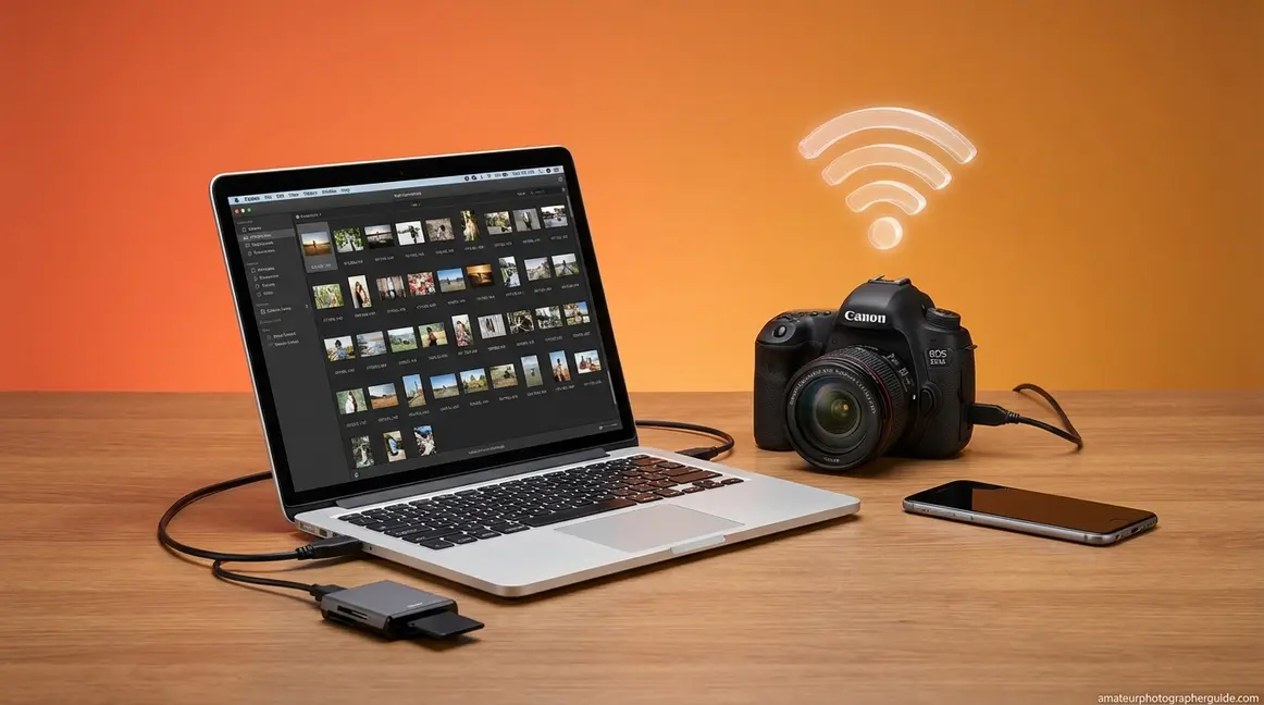 How to transfer photos from Canon camera to computer showing three methods USB SD card and Wi-Fi