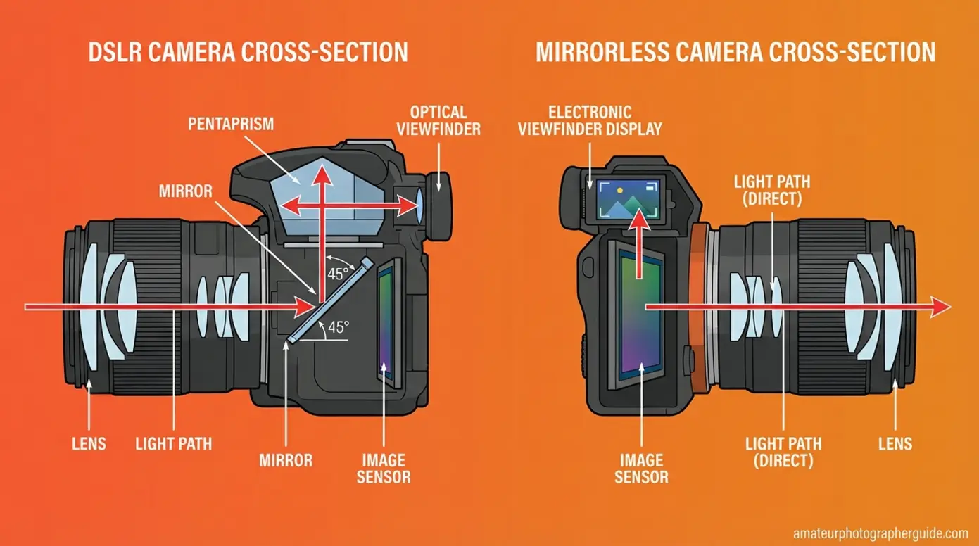Technical diagram comparing DSLR mirror mechanism versus mirrorless direct sensor light path
