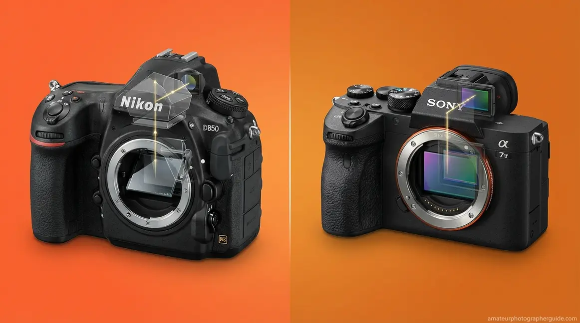 DSLR cameras vs mirrorless comparison showing mirror mechanism and direct sensor technology differences
