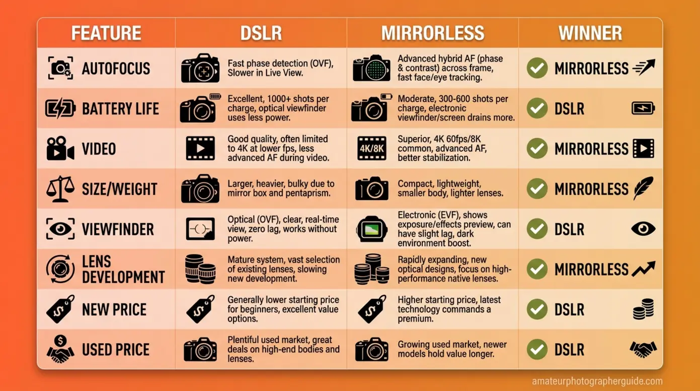 Head-to-head comparison table showing DSLR vs mirrorless cameras across autofocus, battery, video, and pricing