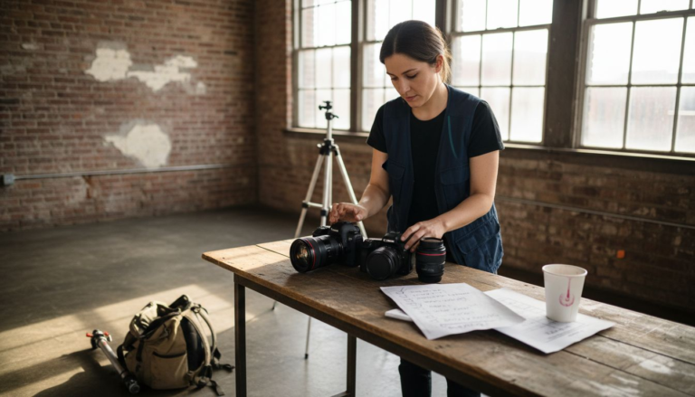 Photographer organizes portrait gear in studio