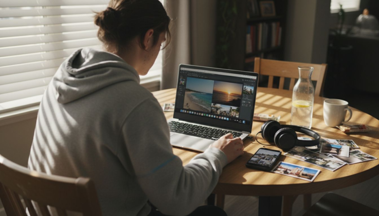 Person editing photos at messy table