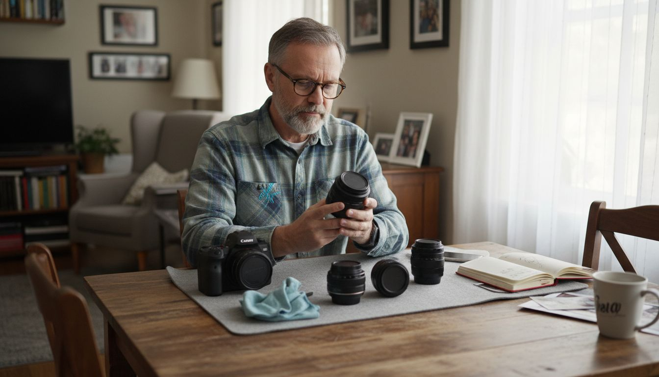 Photographer comparing camera lenses at home table