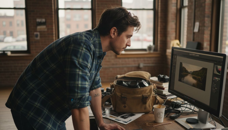 Photographer editing images in city studio