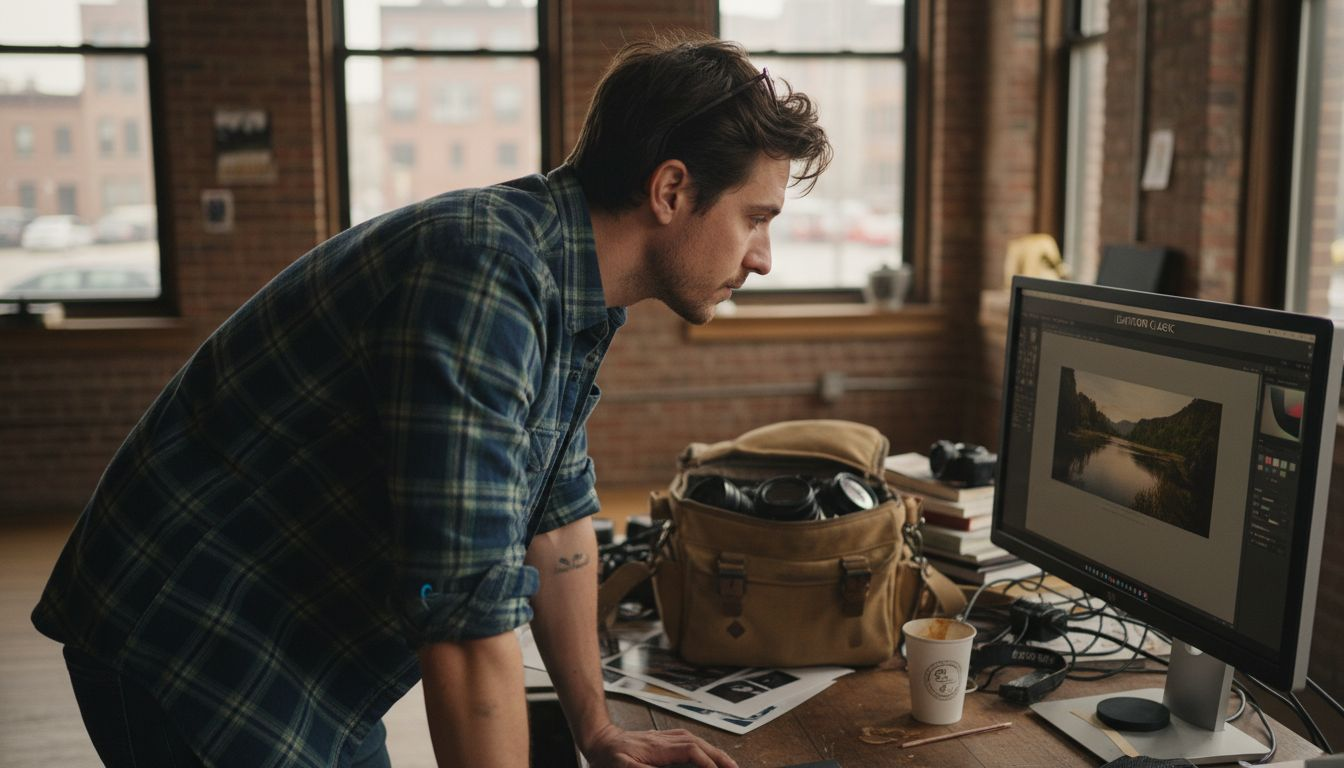 Photographer editing images in city studio