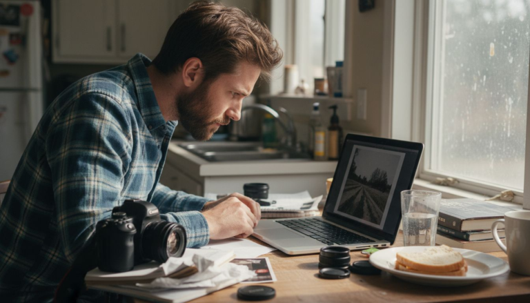 Photographer reviewing grainy image on laptop