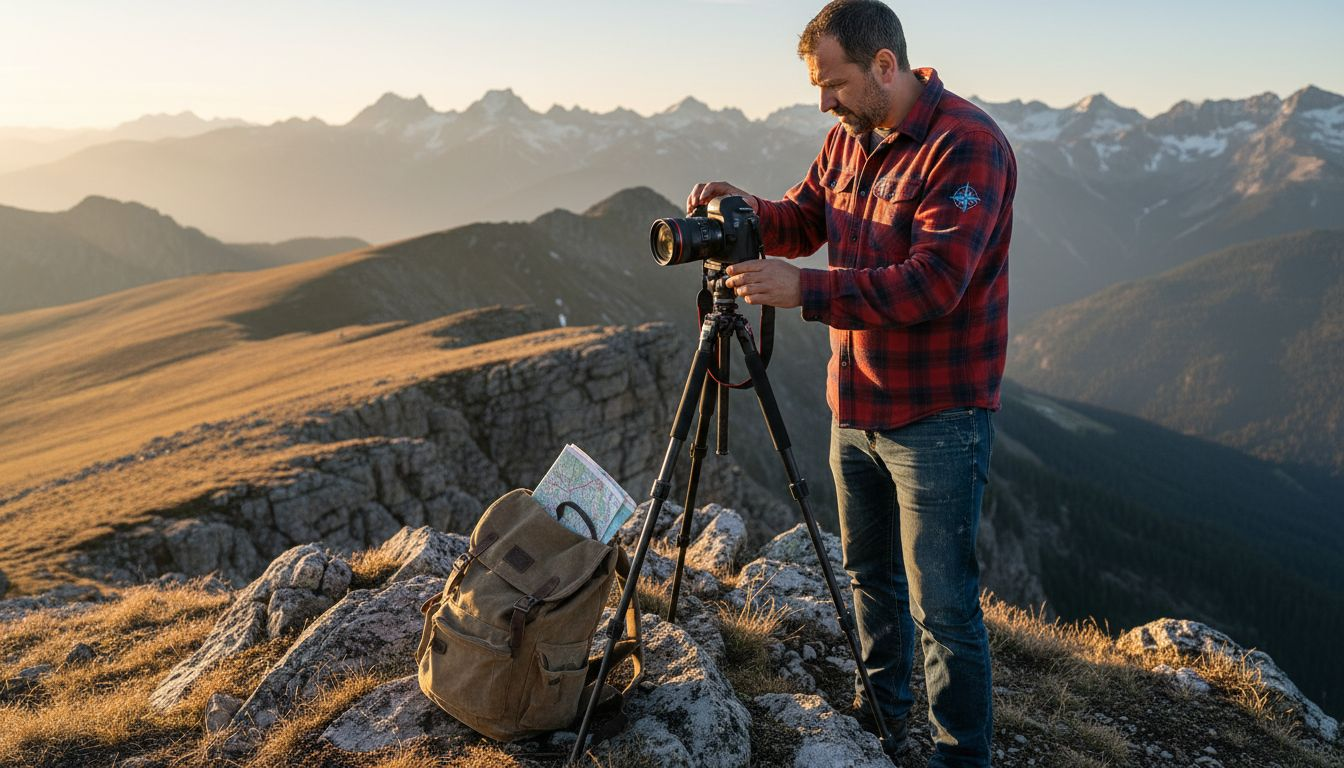 Photographer using wide angle lens in mountains