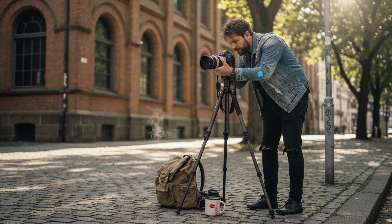 Photographer adjusting tilt-shift lens on tripod